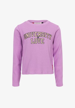 Paars geribd top met lange mouwen, voorzien van de tekst "UNIVERSITY LOVE" in contrasterend beige, ronde halslijn en gestikte zoom.