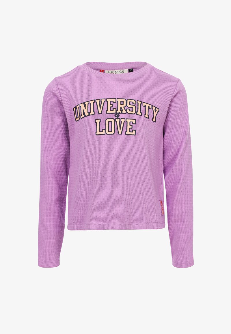 Paars geribd top met lange mouwen, voorzien van de tekst "UNIVERSITY LOVE" in contrasterend beige, ronde halslijn en gestikte zoom.