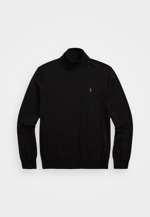 Maglione nero a maniche lunghe con collo alto e piccolo logo ricamato sul lato sinistro del petto, steso su uno sfondo bianco.