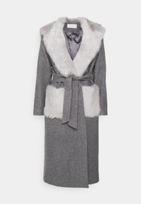 Long gray belted coat with wide light gray faux fur collar and matching faux fur pocket accents.