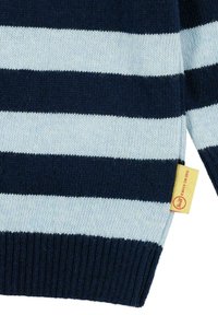 Gebreide trui met marineblauwe en lichtblauwe horizontale strepen. Heeft ribgebreide manchetten en zoom. Inclusief een gele label met tekst.