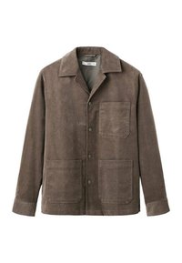 Giacca in corduroy marrone con colletto, chiusura frontale con bottoni e due grandi tasche a toppa. Tessuto morbido, design casual.