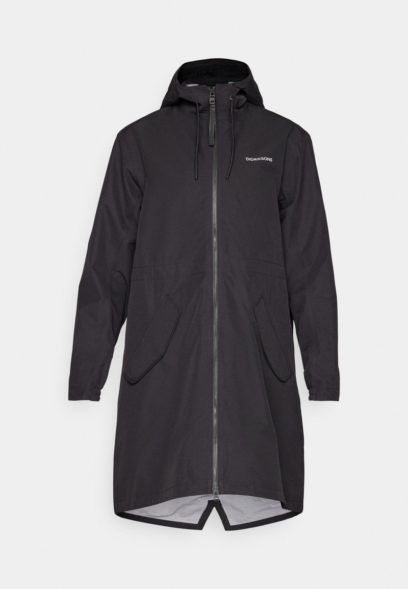 Schwarze wasserfeste lange Jacke mit Kapuze, Frontreißverschluss, zwei Seitentaschen und elastischen Bündchen. Verfügt über ein Netzfutter und einen leicht geschwungenen Saum.