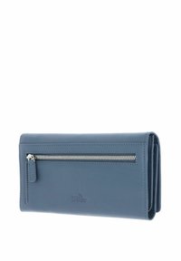 RFID blocking wallet in smooth blue leather. Features a zippered pocket and embossed logo. Compact, rectangular design with clean lines.