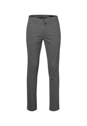 Graue Chinos aus glattem Stoff. Slim-Fit-Design mit Reißverschluss, Gürtelschlaufen und Fronttaschen. Keine sichtbaren Muster oder Verzierungen.