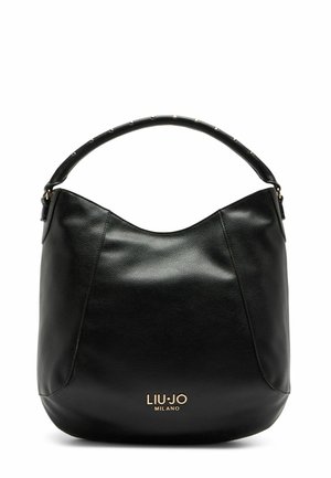 Borsa hobo nera in pelle con una forma curva, finitura texture e una maniglia corta con borchie metalliche. Logo dorato in basso.