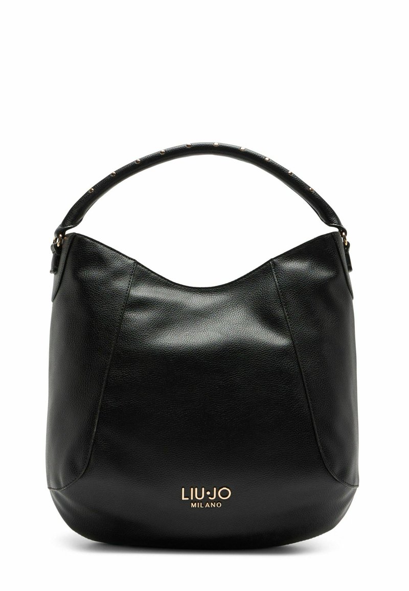Borsa hobo nera in pelle con una forma curva, finitura texture e una maniglia corta con borchie metalliche. Logo dorato in basso.