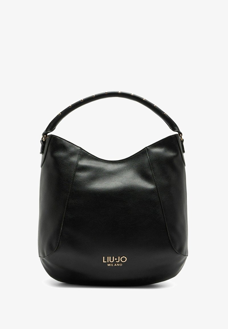 Borsa hobo nera in pelle con una forma curva, finitura texture e una maniglia corta con borchie metalliche. Logo dorato in basso.