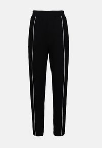 Black jogger pants made of soft fabric, featuring a stretchy waistband, two white side stripes, and a tapered leg design.