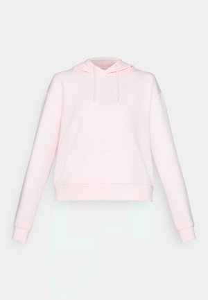 Lyserød cropped hoodie med snøre i hætten, brede ærmer og blød stoftekstur. Har ribbet kant og manchetter.