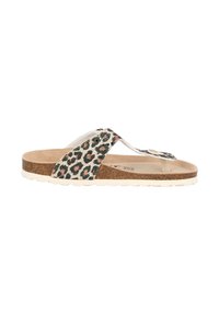Infradito con stampa leopardata, con una soletta in sughero, cinturini bianchi e suola in gomma testurizzata. Design leggero e casual.