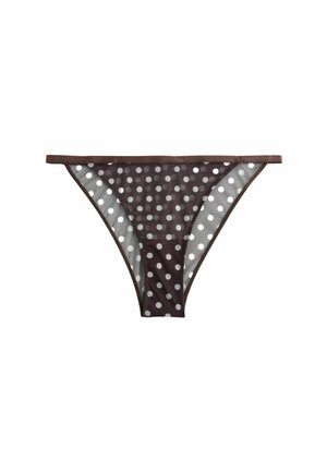 Sheer brown bikini-style underwear with white polka dots and thin elastic waistband on a white background.