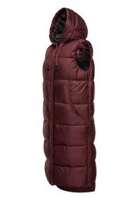 Burgundska brezrokavna puffer jopica s kapuco, z vodoravno prešitjem, stranskimi žepi in logotipom na rami.
