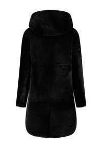 Zwarte, hoodie jas met een pluche textuur, lange mouwen en een verlengde achterkant. Minimalistisch ontwerp zonder zichtbare hardware of zakken.