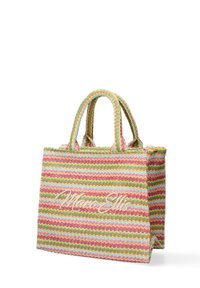 Geweven, multicolore tas met een zigzagpatroon in pastelkleuren, met twee korte handvatten en het "Marc Ellis"-logo aan de voorkant.