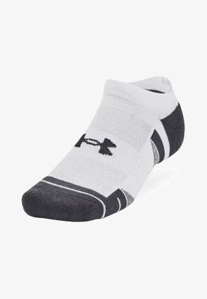 White and gray ankle sock with a ribbed texture, black logo, and white stripes on the cuff and around the toe area.