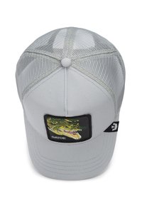 Cappellino da baseball grigio con retro in rete, dotato di una patch a forma di coccodrillo e il testo "GATOR". Corona arrotondata e chiusura regolabile a scatto.