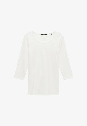 Weißes Langarm-T-Shirt aus weichem Material, mit rundem Ausschnitt und lockerer Passform. Keine sichtbaren Muster oder Akzente.