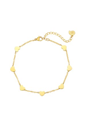 Zartes Goldkettchen-Armband mit sieben kleinen herzförmigen Anhängern und einem verstellbaren Verschluss mit einem muschelförmigen Anhänger.