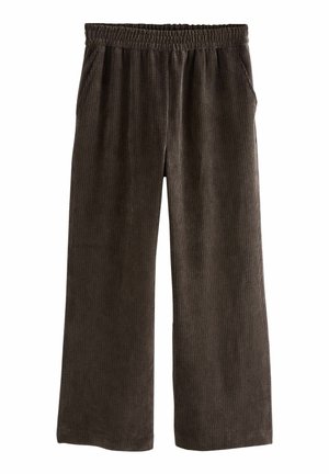 Pantalon en velours côtelé marron foncé à jambes larges avec taille élastique et poches latérales, conçu pour un usage décontracté.
