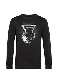 Felpa nera con grafica di un mietitore con pipistrelli, circondato da un design geometrico in tonalità di grigio e verde.