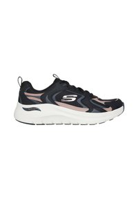 Scarpe da allenamento nere e rosa con una parte superiore in mesh, design testurizzato, suola ammortizzata e un logo prominente di lato.