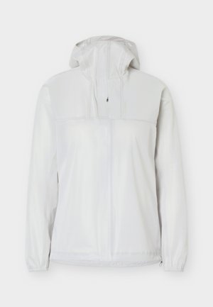 White lightweight hooded rain jacket with front zipper and elastic cuffs, displayed on plain background.