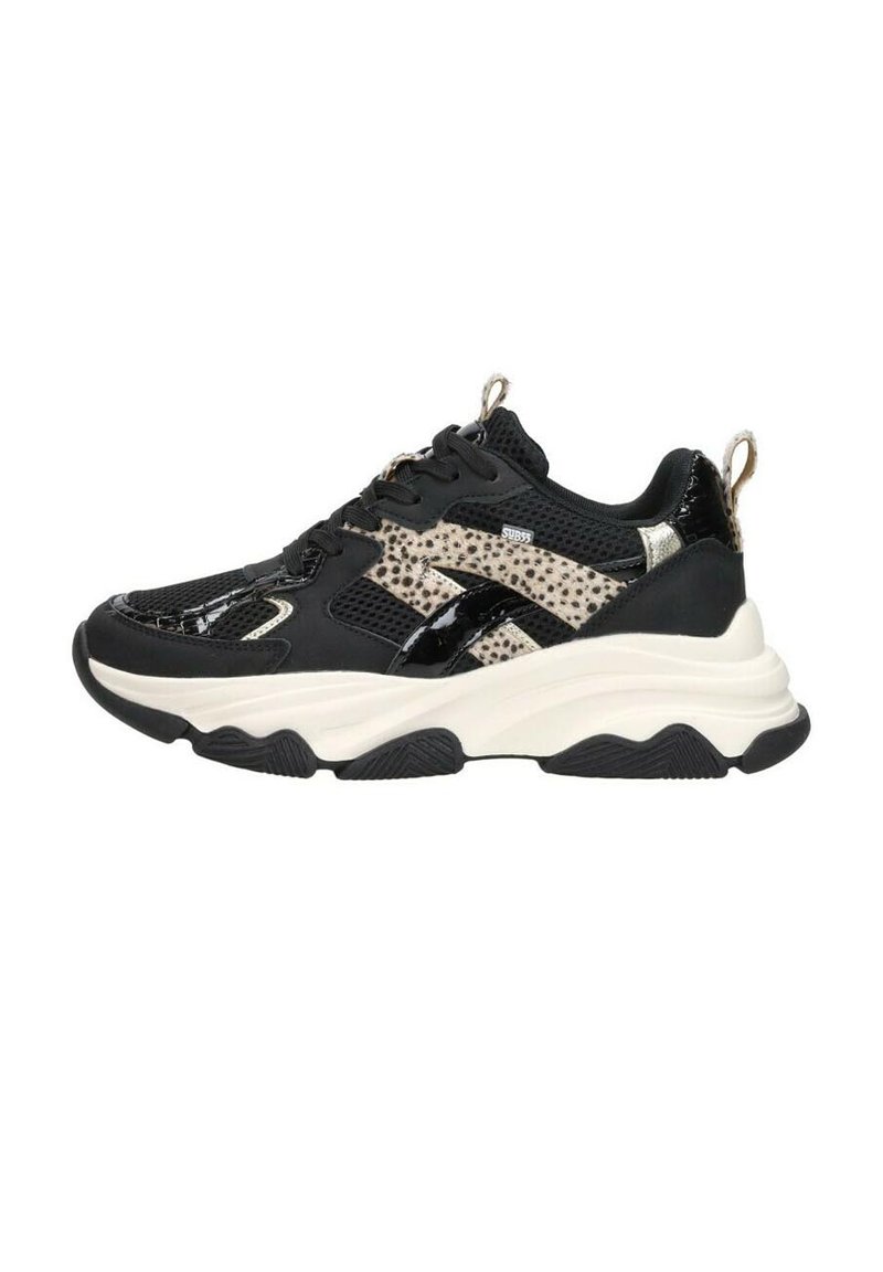 Black and beige sneaker with mesh and synthetic upper, raised sole, decorative patterns, and glossy accents. Features a pull tab on the heel.