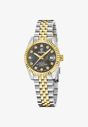 Tweekleurig zilveren en gouden Festina polshorloge met zwarte wijzerplaat, diamanten uurmarkeringen, datumaanduiding en quartz-uurwerk.