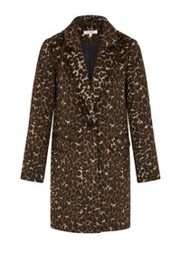 Cappotto in stampa leopardo con tonalità marroni e beige, design strutturato, revers a pistagna, chiusura con un bottone e due tasche frontali.