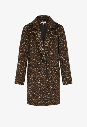 Luipaardprintjas met bruine en beige tinten, gestructureerd ontwerp, ingesneden revers, sluiting met één knoop en twee voorzakken.