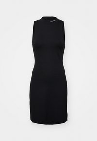 Black sleeveless dress made of stretch fabric, featuring a high neck, form-fitting silhouette, and side slits for ease of movement.