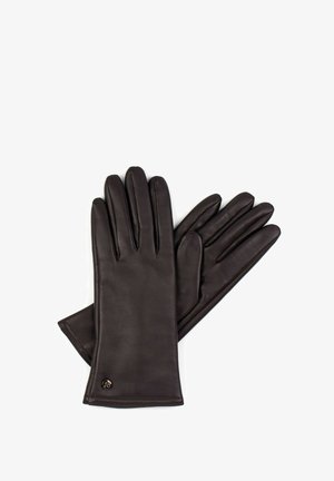 Brown leather gloves with a smooth texture, elongated fingers, and a fitted design, featuring subtle stitching and a small logo accent.