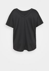 Svart t-shirt med kort ärm, tillverkad av mjukt tyg, har en V-ringning och lös passform, med subtila sömdetaljer.