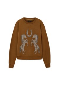 Καφέ φούτερ με στρογγυλή λαιμόκοψη και κατεβασμένους ώμους, με δύο ασημί άλογα και σχέδιο πέταλου με μπροστά.