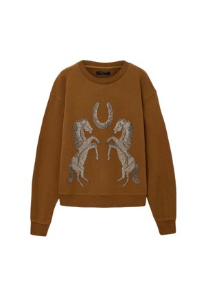 Καφέ φούτερ με στρογγυλή λαιμόκοψη και κατεβασμένους ώμους, με δύο ασημί άλογα και σχέδιο πέταλου με μπροστά.