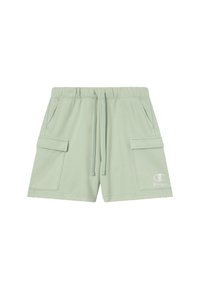 Pantaloni cargo verde chiaro con cintura elastica e cordino, tasche laterali e dettaglio del logo ricamato sulla gamba inferiore.