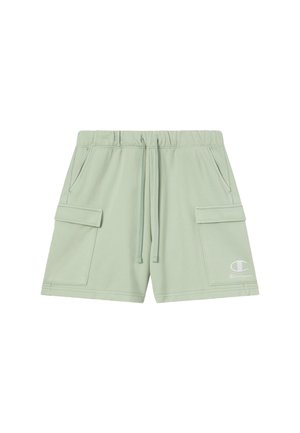 Shorts cargo vert clair avec une taille élastique munie d'un cordon de serrage, des poches latérales et un logo brodé sur la jambe inférieure.