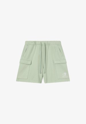 Jasnozielone szorty cargo z elastycznym paskiem w talii z troczkiem, bocznymi kieszeniami oraz haftowanym logo na dolnej części nogawki.