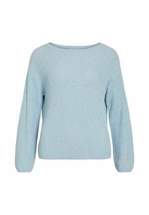 Šviesiai mėlynas megztinis ilgomis rankovėmis ir apvalia iškirpte, pateiktas ant balto fono.