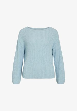 Pull en maille bleu clair avec manches longues et col rond, présenté sur fond blanc.