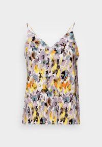 Blommig tryckad cami-top i lätt tyg; har en v-ringning, justerbara band och ett texturerat mönster i lila, gult och orange nyanser.