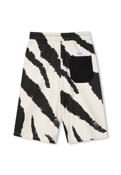 Zwart-witte patroonshorts van lichtgewicht stof, met een elastische tailleband en een enkele zwarte achterzak.