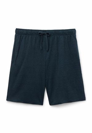 Mørkeblå casual shorts med elastisk linning og bindebånd foran, lavet af let stof, lagt fladt på hvid baggrund.