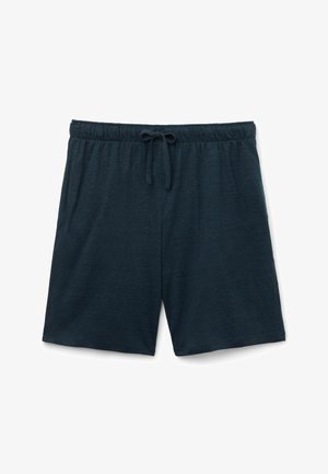 Mørkeblå casual shorts med elastisk linning og bindebånd foran, lavet af let stof, lagt fladt på hvid baggrund.