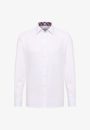 Witte lange mouwen overhemd van katoen, met een button-down kraag en een geruit patroon op de binnenkraag. Voorkantzak aan de linkerkant.