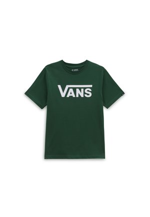 Ciemnozielona koszulka z krótkim rękawem z białym logo Vans na środku klatki piersiowej, okrągłym dekoltem i małą boczną metką.