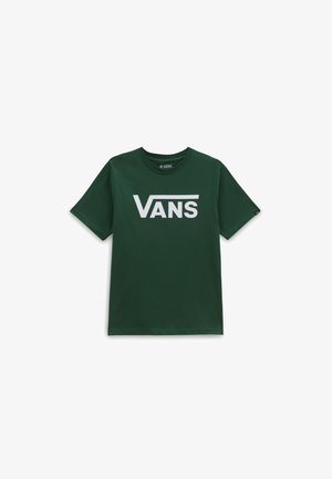 Camiseta de manga corta de color verde oscuro con el logo de Vans en blanco centrado en el pecho, cuello redondo y una pequeña etiqueta lateral.