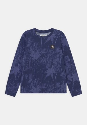 Navyblauw shirt met lange mouwen, donker bladpatroon en klein wit elandlogo op de linkerborst, maat 9/10, Abercrombie Kids.