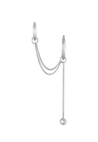 Cercei din argint cu un inel și două lanțuri interconectate; un lanț are la capăt o picătură de cristal rotund. Design elegant, minimalist.